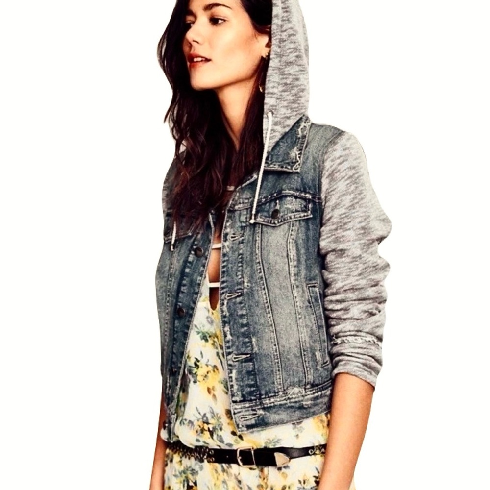 Free People Women's Small Distressed Denim Jacket Sweater Knit Hoodie
